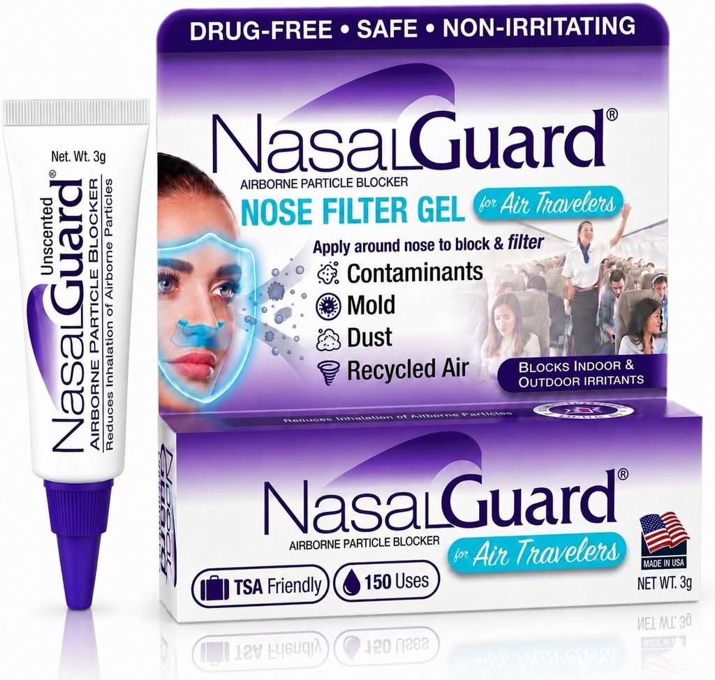 Gel nasal de bloqueur de particules aéroporté pour les voyageurs aériens - sans drogue, sans irritation, sans somnolence, voyage d'avion approuvé (non parfumé) - Plus de 150 applications par tube (0,1 oz, paquet de 1)