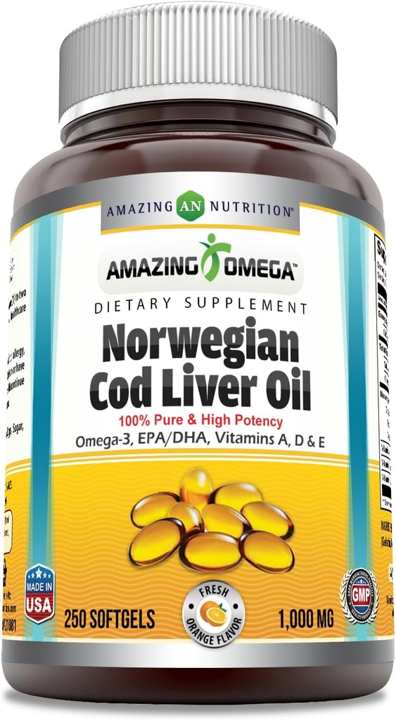 Erstaunlich Omega Norwegian Cod Liver Oil 1000 Mg Softgels Supplement | Omega-3, EPA, DHA, Vitamin A, D & Vitamin E (Orange | 250 Count)