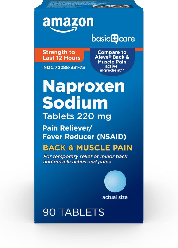 Basic Care Rücken- und Muskelschmerzen, 220 mg, 12-Hour Schmerzlinderung, Naproxen-Natrium-Tabletten, Schmerzlinderung und Fever Reducer, 90 Count