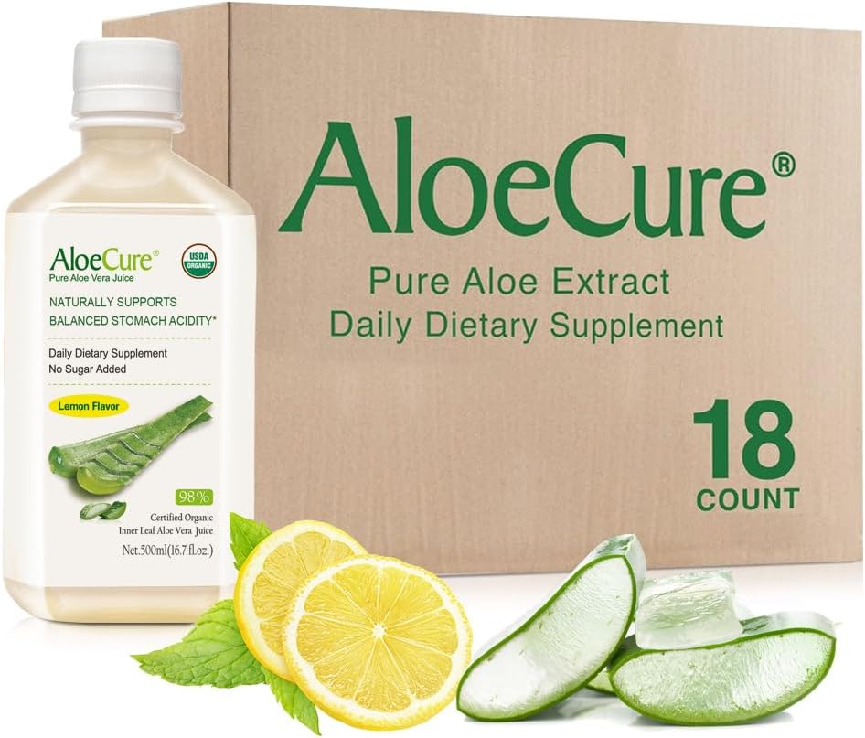 AloeCure USDA Organic Aloe Vera Juice Lemon Flavor - Hergestellt innerhalb von 12 Stunden Ernte - Natürliche Verdauungsergänzung für Balanced Stomach Acidity - Unterstützung Verdauungs- und Immungesundheit, 18 Btls x 16.7oz