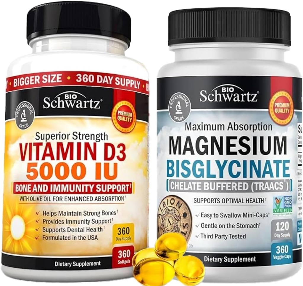 Hohe Stärke Vitamin D3 5000 IU 125 mcg (1 Jahr Versorgung) Plus Hohe Absorption Magnesium Bisglycinat Kapseln (4 Monate Versorgung)