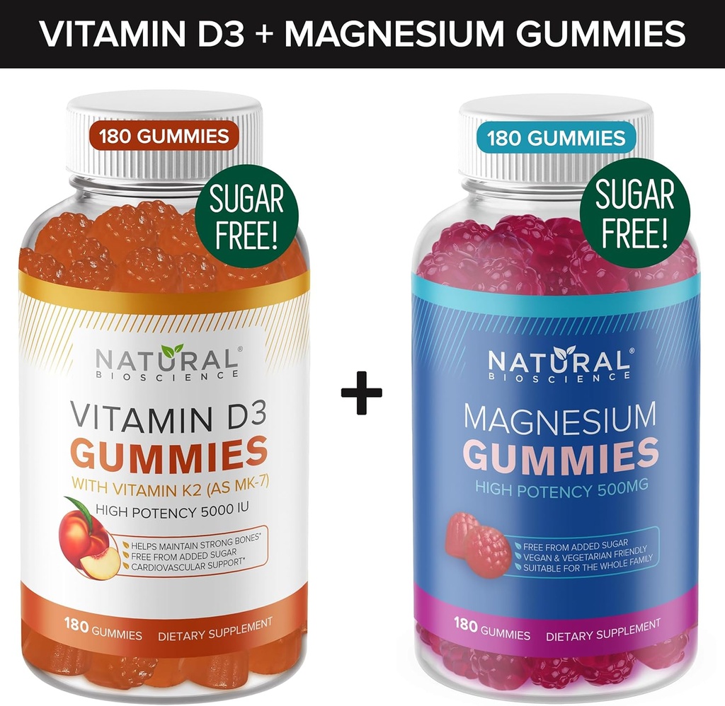Zuckerfreies Vitamin D3 K2 Gummie (180 Gummie) und Zucker freie extra Stärke Magnesium Gummie (180 Gummie), Vitamin D3 Gummie 5000 IU+K2 MK7 80 mcg, Magnesium Citrat Gummis 500 mg