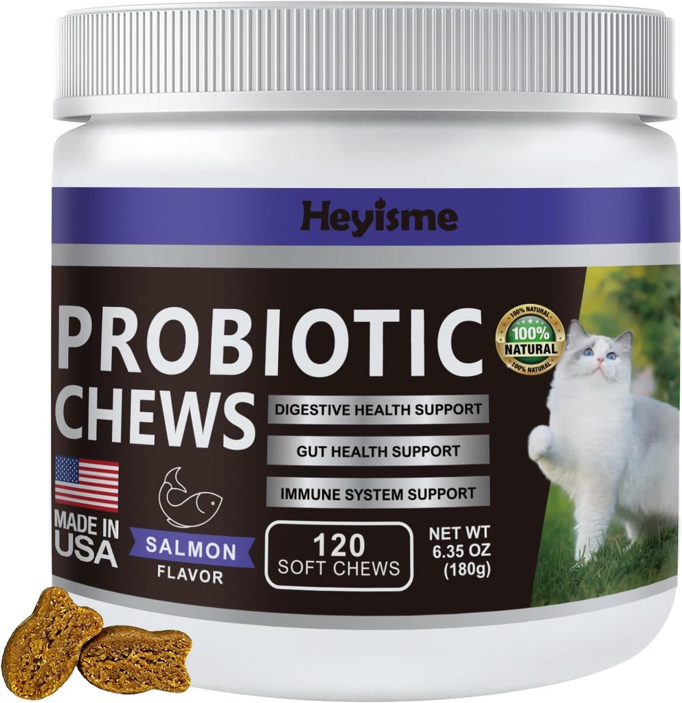 Cat Probiotic, Chews für Gut und Immune Gesundheit, Katzen Probiotische Ergänzung für Katzen Verdauungsunterstützung, Gesunde Verdauung, Cat Constipation und Durchfall Relief (Salmon, 120 Chews)