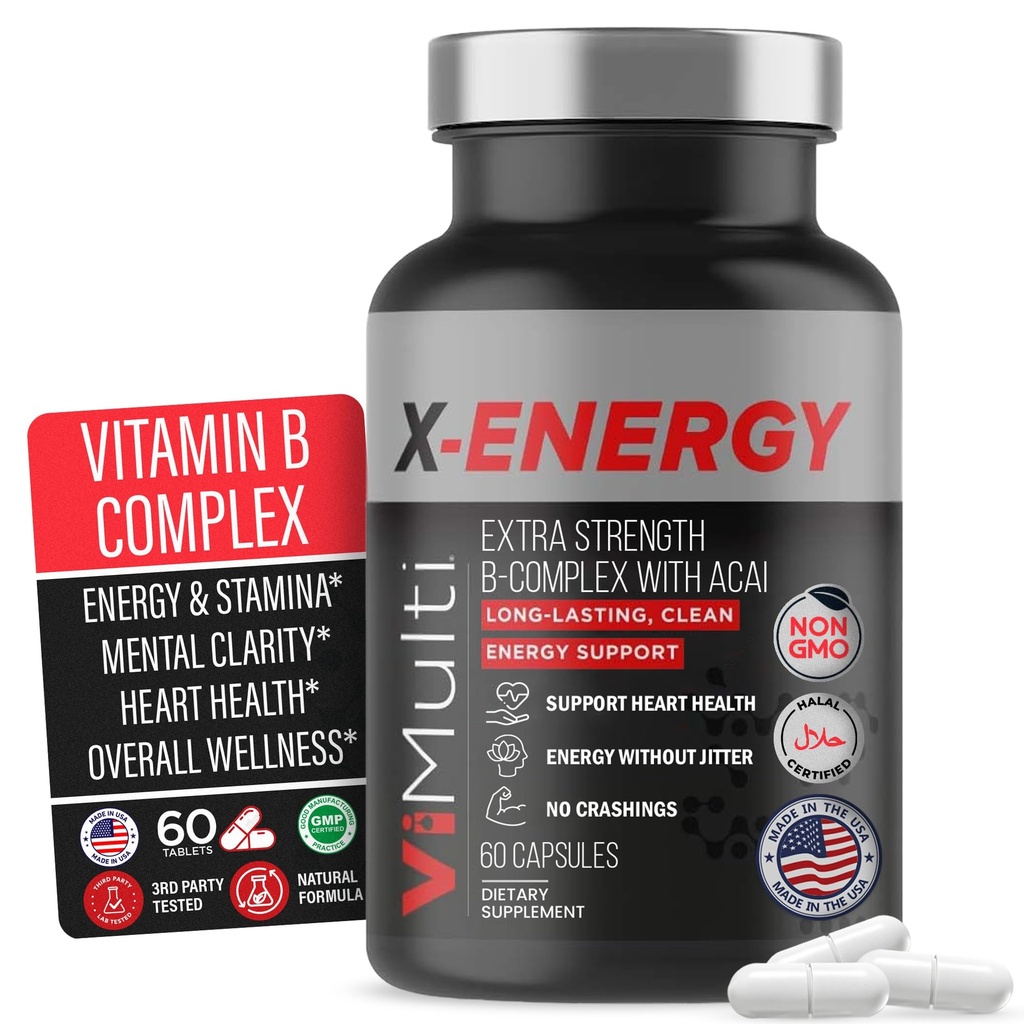 X-Energy Extra Strength B Complex mit Koffein & Vitamin B12 – Energieunterstützung mit B1, B2, B3 Niacin, B6, Folsäure, Biotin, B5, Taurine, Ginseng, Rhodiola, Maca, Acai & Spirulina – 60 Kapseln
