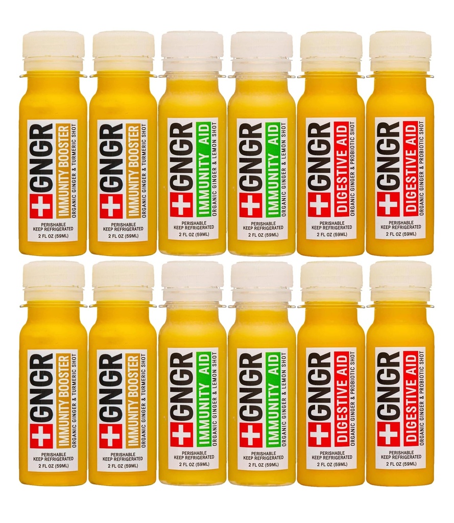 +GNGR Immunität Sampler Bio Ginger Wellness Shots - Premium Ginger Shots für alle natürlichen Verdauungsunterstützung und Immununterstützung, Verdauungshilfe, Gut Cleanse und Detox 2 fl oz (Pack von 12)