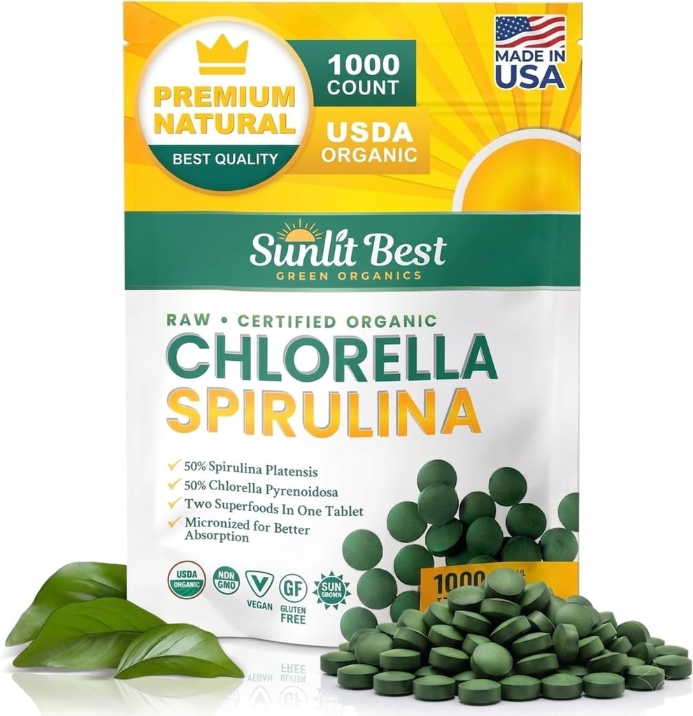 Sunlit Best Chlorella Spirulina Tabletten - Organic USDA, Premium Spirulina und Chlorella Tabletten 1000 Count - Sun Chlorella Pure Natural Superfood mit Algae, Enzymes Chlorophyll & Vegan Protein