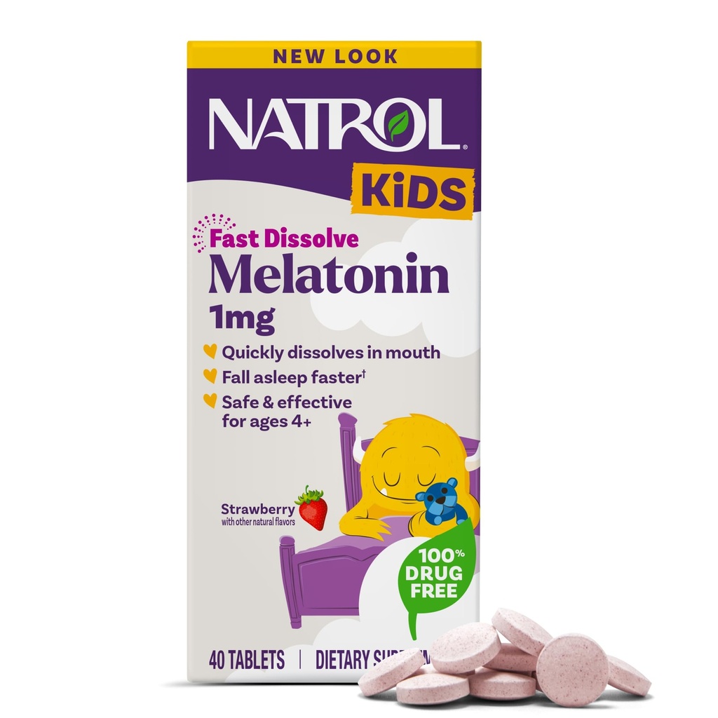 Natrol Kids rapide Dissolve Melatonin 1 mg, complément alimentaire pour le sommeil reposant, comprimés de sommeil pour les enfants, 40 comprimés de mélatonine aromatisés aux fraises, 40 jours d'approvisionnement