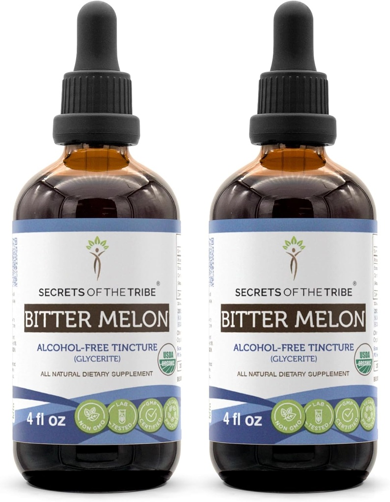Secrets de la Tribe Bitter Melon USDA Organic (extrait sans alcool, gouttes à base de plantes de haute puissance) Fabriqué à partir de 100% certifié biologique Bitter Melon (Momordica Charantia) Fruit séché (2x4 oz)