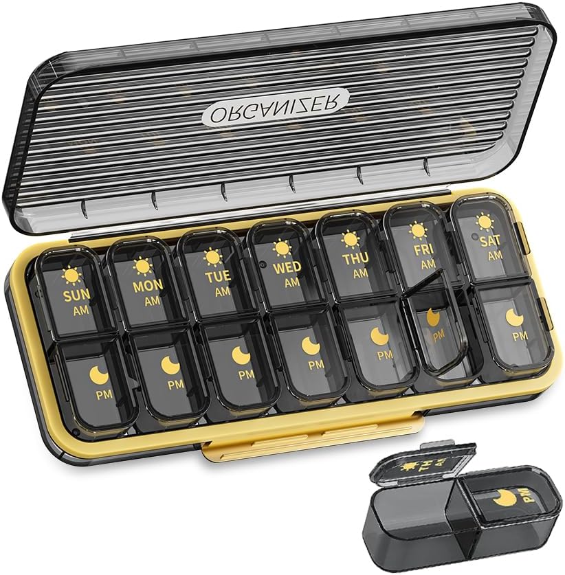 Weekly Pill Organizer 2 Times a Day, ZDQZC Travel Pill Box 7 Day Case with Large Compartment Daily Pill Dispenser Medicine Container for Vitamin, Fish Oils, Supplements (2 Times a Day, Gray)