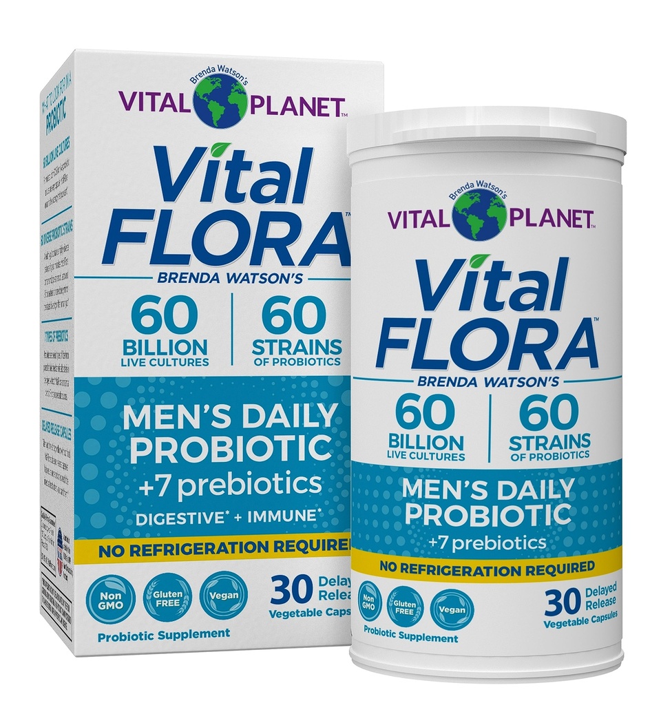 Planète Vital - Probiotiques de Flore Vital pour les hommes, 60 milliards CFU, 60 souches diverses, 7 prébiotiques organiques, Probiotique stable de la plate-forme quotidienne pour le soutien immunitaire, dégazage, santé digestive 30 capsules