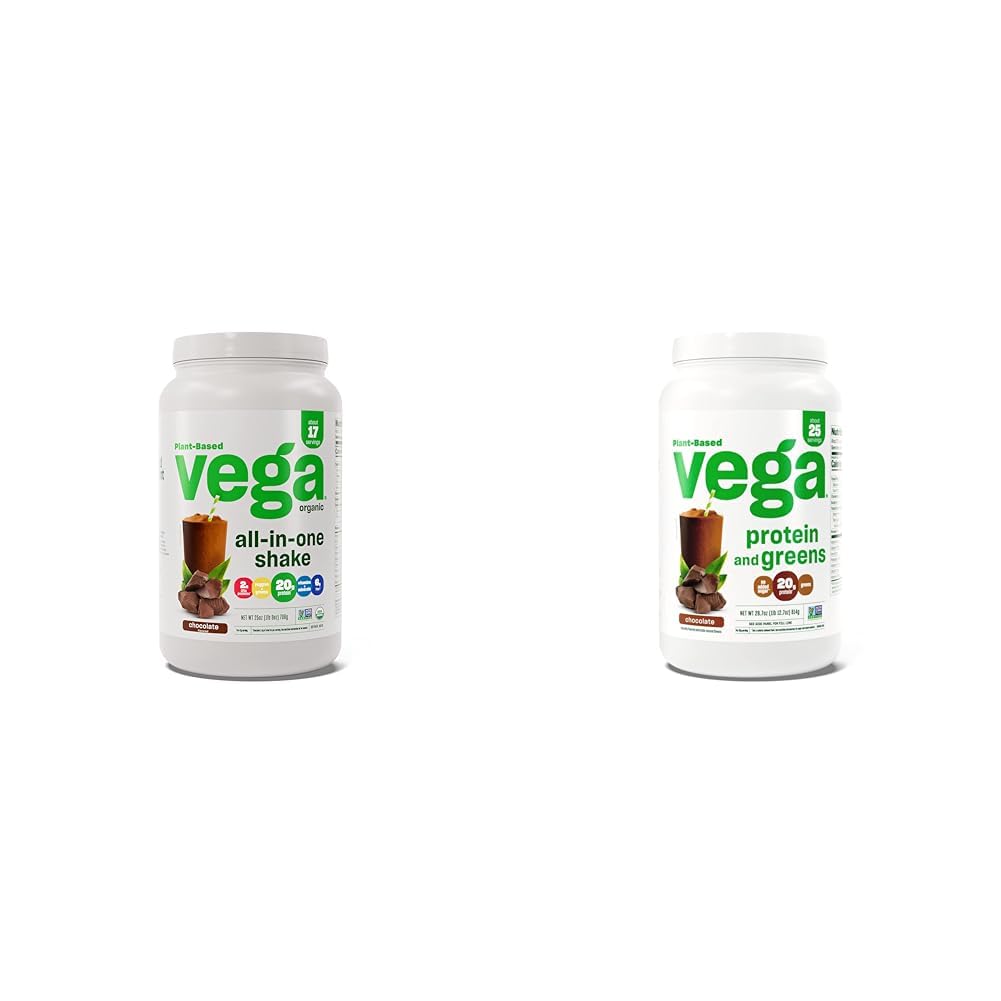 Vega poudre de protéines végétales tout-en-un biologique, chocolat et protéines et vert poudre de protéines, chocolat