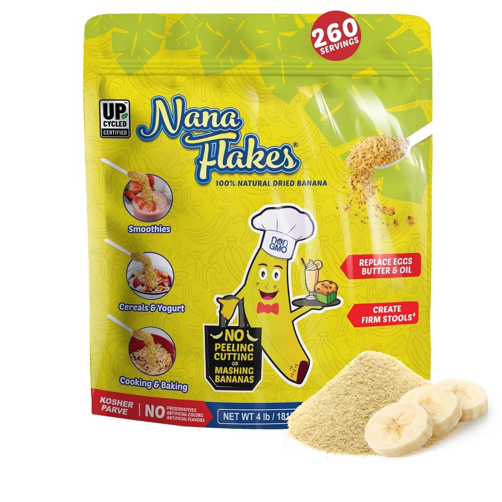 Nana Flakes 100% reine Banana Flakes Food Powder 4 lbs - Große Quelle von Kalium & Fiber, für Verdauungs-Gesundheit & okziale Durchfall, Meal Thickening - Natürliche und beruhigende (4 lbs Tasche)