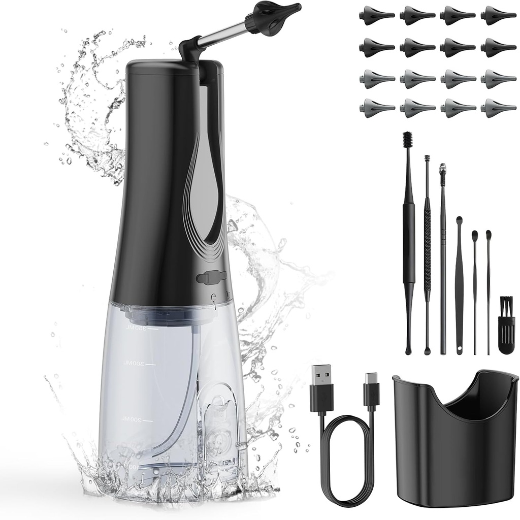 Ear Wax Removal Cleaning Kit - BANKKY Electric Ear Cleaner mit 7 Stück Ohr Pick & 16 Ersetzbare Eartips und 3 Reinigungsmodi, Wasserbetriebene Bewässerung Kit für Erwachsene & Kinder, Safe & Effektive