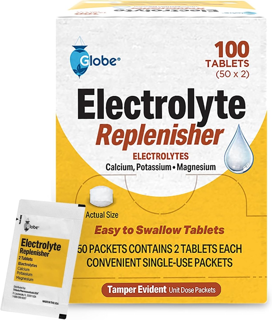 Globe Electrolyte Replacement Tablets for Rehydration, Exercise Recovery, Youth & Adult Athletes, Hiking, Camping, & Sports Recovery and More... 50 Packets of 2 Tablets Each, 100 Count