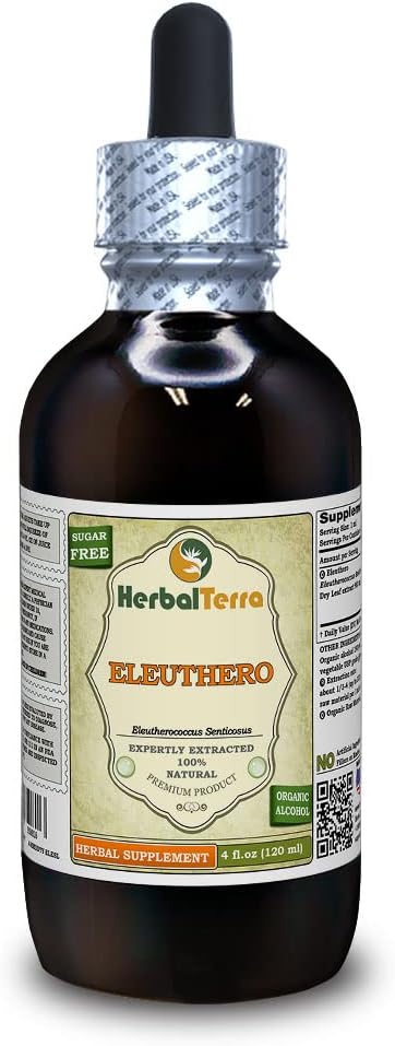 Eleuthero (Eleutherococcus Sensicosus) Teinture, feuilles séchées Extrait liquide (Marque: HerbalTerra, Fièrement fabriqué aux États-Unis) 4 fl.oz (120 ml)