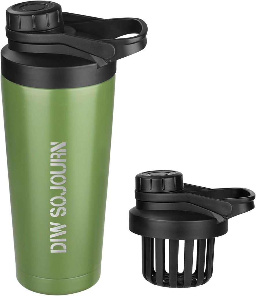 Bouteille de shaker DIW 24 oz,Bouteille de shaker en acier inoxydable au design sans bruit,Bouteille de shaker en métal isolé pour les mélanges de protéines et préentraînement,Gym Bouteille Shaker(Green)