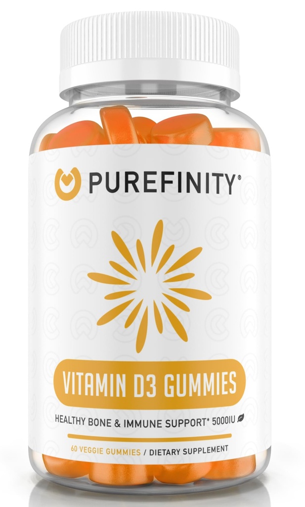PUREFINITY Vitamin D3 5000 iu Gummies – Ihre tägliche Vitamin D Ergänzung für Knochengesundheit, Immungesundheit und Gelenkmuskelunterstützung für Erwachsene und Kinder – Glutenfrei, Non-GMO – 60 Veggie Gummies