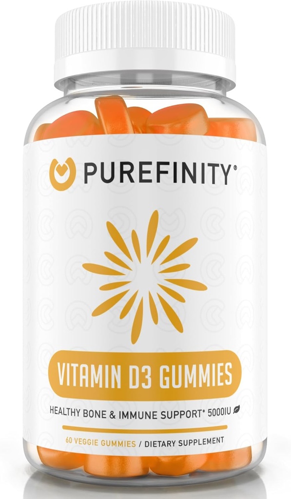 PUREFINITY Vitamine D3 5000 iu Gummies – Votre supplément quotidien de vitamine D pour la santé des os, la santé immunitaire et le soutien musculaire articulaire pour les adultes et les enfants – sans gluten, sans OGM – 60 Gummées veggies