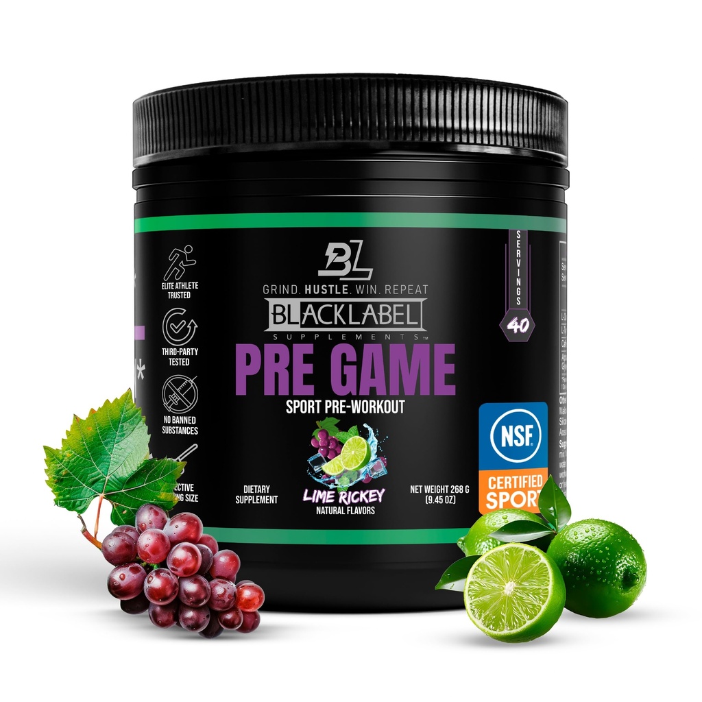 BLACKLABEL Suppléments Pre-Game Pre Workout Powder, Lime Rickey (40 portions) – NSF certifié pour le sport – Caffeine personnalisable de 150mg pour l'énergie et le focus – Pré-entraînement peu stimulant pour les hommes et les femmes