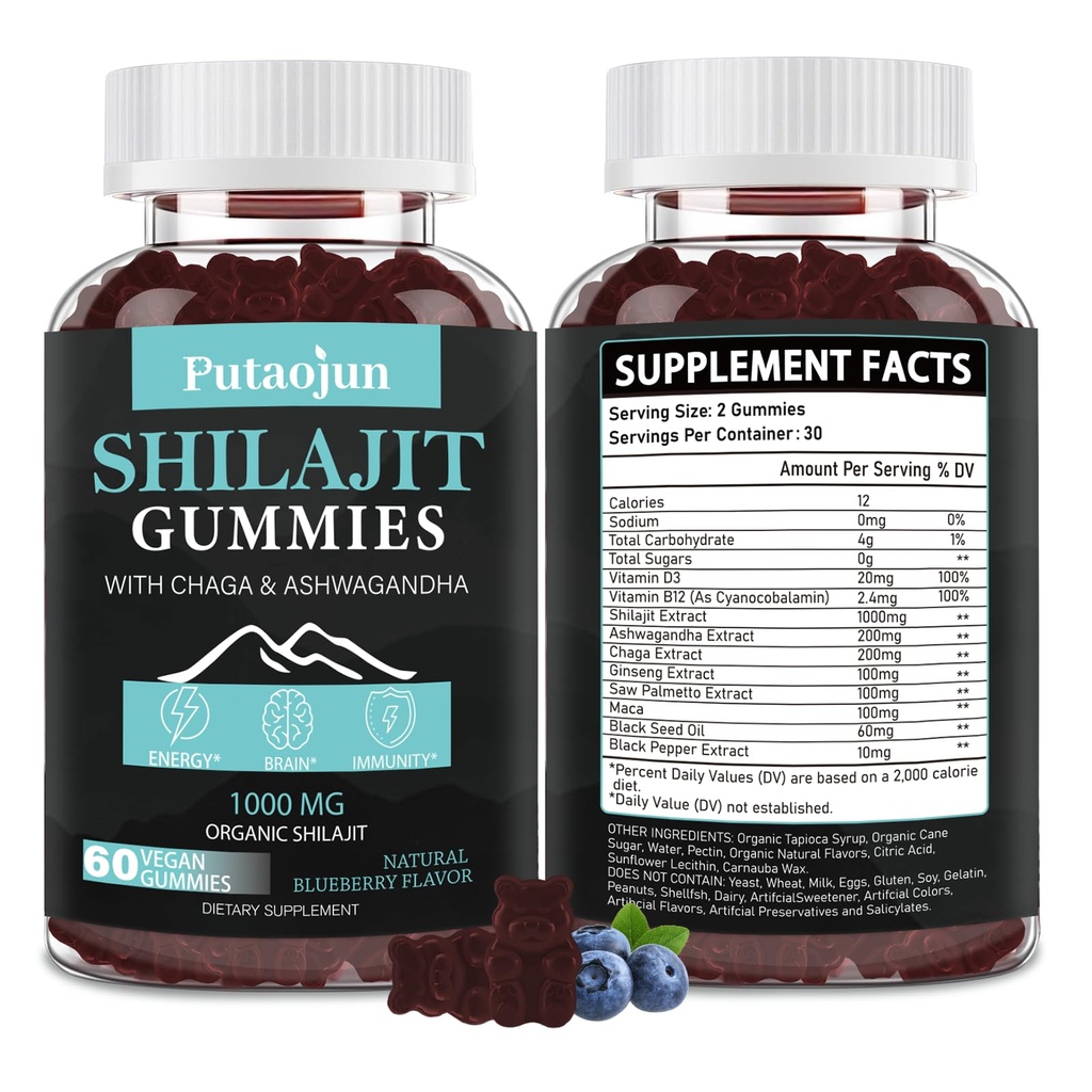 Shilajit für Mann, Frau & Kid.Himalayan Gold Shilajit Gummies.1000mg Shilajit,200mg Ashwagandha,200mg Chaga,100mg Ginseng,100mg Säge Palmatto,60mg Schwarzes Seedöl