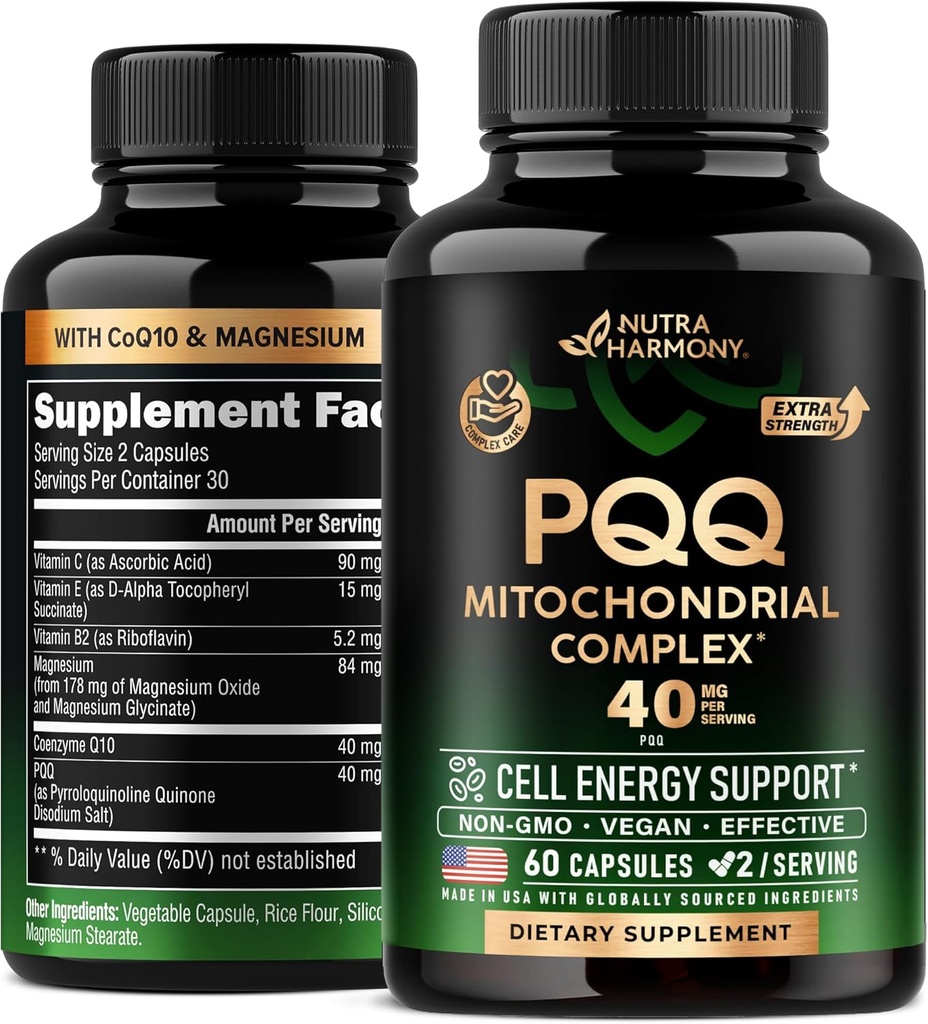 PQQ 40 mg - PQQ avec supplément CoQ10 - Mitochondria Biogenèse & Production d'énergie cellulaire - avec Magnésium, Vitamines C, E & B2 - Pure & Highly Bioavailable
