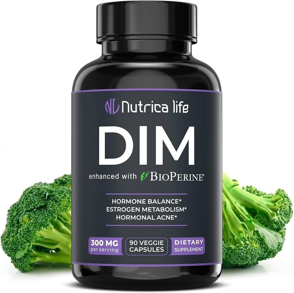 Supplément DIM 300mg - Diindolylméthane avec Broccoli et BioPerine - Soutien de l'équilibre hormonal pour les femmes et les hommes, métabolisme estrogène, soulagement de la ménopause et contrôle de l'acné hormonal - 90 capsules véganes