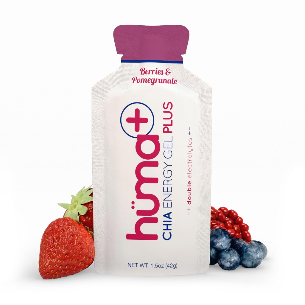 Huma Plus (Doppelelektrolyte) - Chia Energy Gel, Beeren & Granatapfel, 12 Gele - Stomach Friendly, Real Food Energy Gels