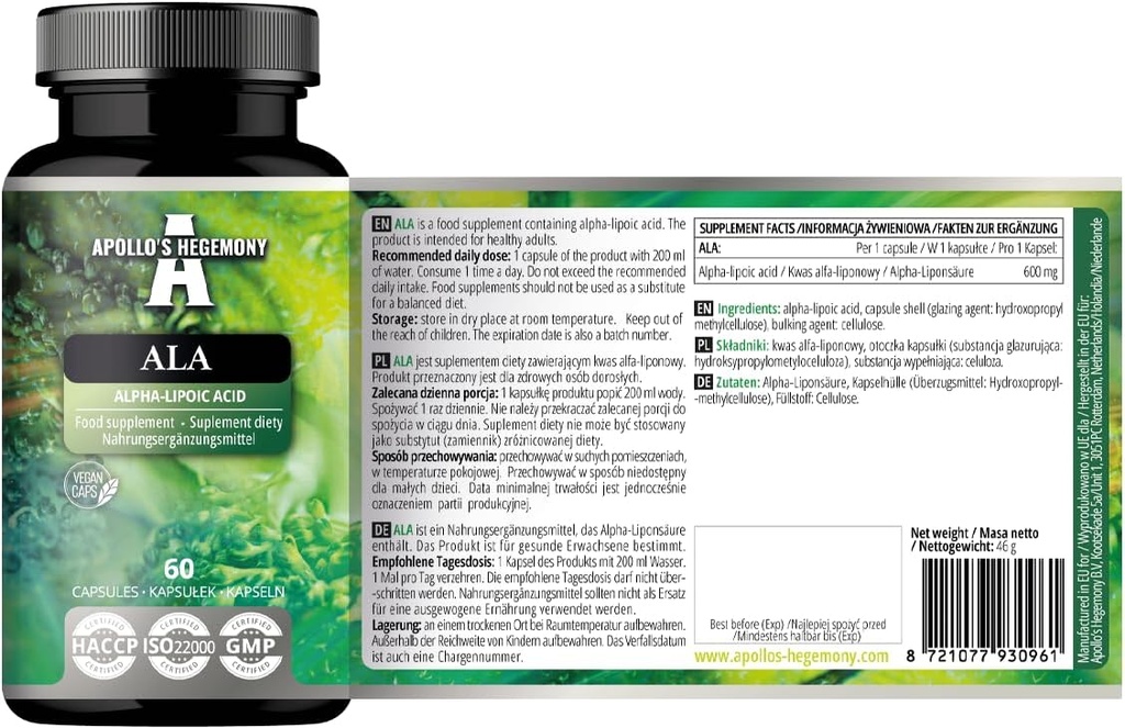 APOLLO'S HEGEMONY ALA (Alpha Lipoic Acid) 600 mg - 60 Vegan Kapseln - Optimiert Glucose Management - Unterstützt Mitochondriale Gesundheit - Zwei Monate Versorgung