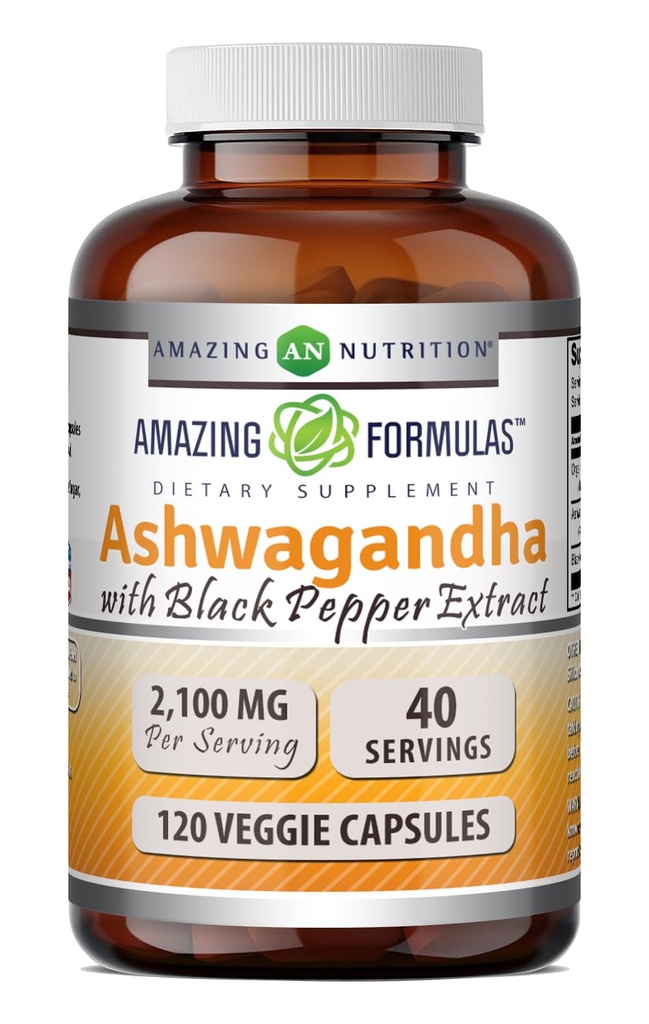 Erstaunliche Formeln Ashwagandha Wurzel mit schwarzem Pfeffer Extrakt Ergänzung | 2100 Mg pro Servieren | Veggie Kapseln Ergänzung | Non-GMO | Gluten-Free | Made in USA (1 Pack, 120 Count)