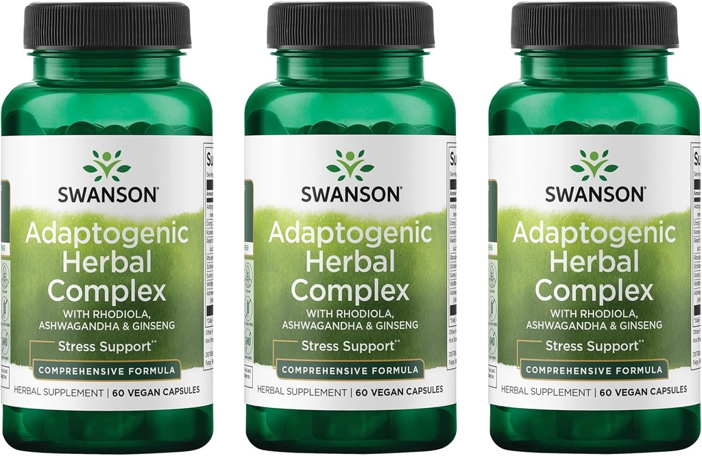 Swanson Rhodiola Ashwagandha Ginseng Complex Mood Energy Immune Function Nervous System Stress Support Adaptogen Herb Supplement 60 Kapseln (3 Pack)