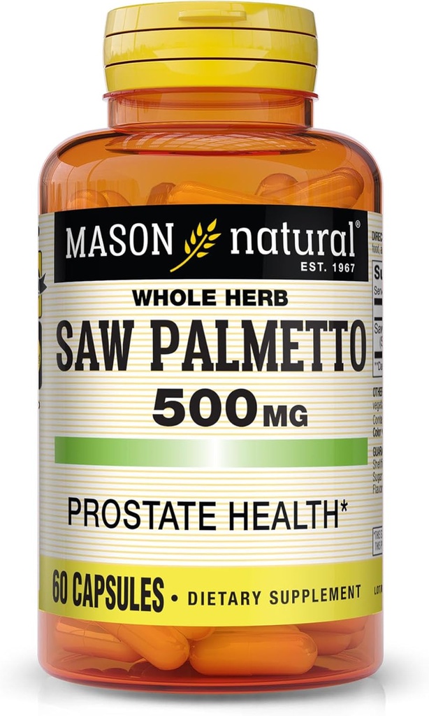 MASON NATURAL Saw Palmetto 500 mg, Unterstützt Prostata Gesundheit & Urinäre Funktion, 60 Kapseln