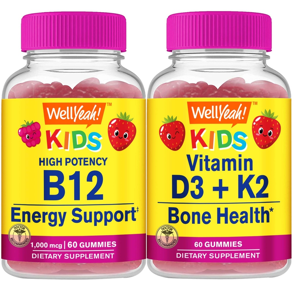 WellJa Vitamin B12 Kinder + Vitamin D3+K2 Kinder, Gummis Bundle - Große Verkostung, Vitamin-Ergänzung, Glutenfrei, GMO frei, Kaugummi