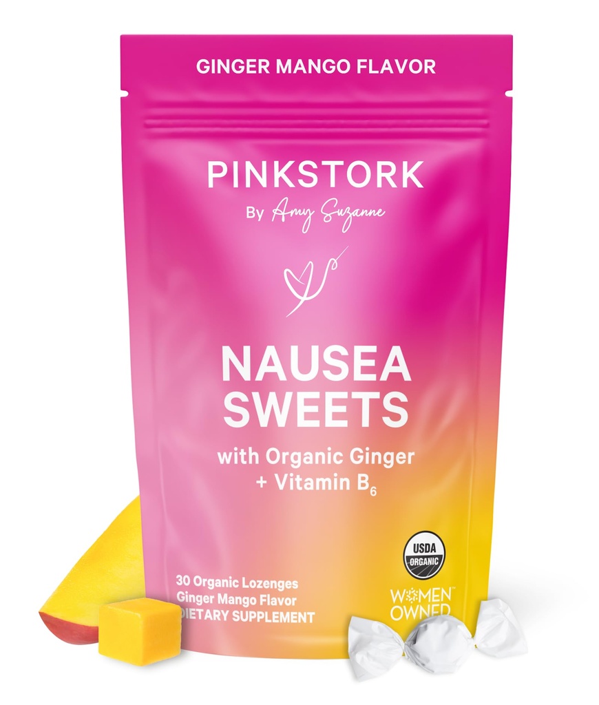 Pink Stork Bio Mango Süßigkeiten mit Vitamin B6 für Morgen Krankheit und Bewegung Krankheit, Hinzugefügt Ginger & Vitamin B6, 1. Trimester Schwangerschaft Must Haves - 30 Wrapped Candies