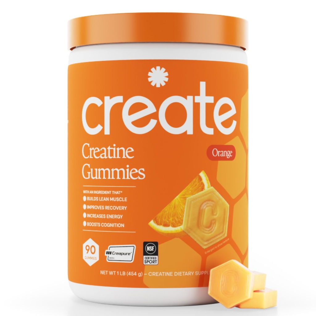 Créer des gommes monohydratées créatine pour les hommes et les femmes, boost focus, force et endurance, formule anti-melting, végétalien, sans gluten, non-OGM, 1,5g de créatine par gummy (Orange, 90 ct)