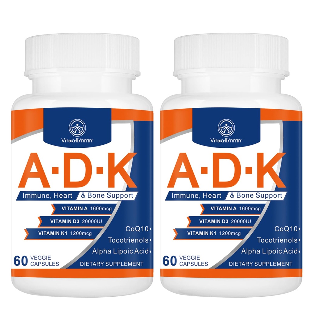 ADK Vitamin Supplement 20000 IU - Hohe Potenz Vitamine A, D3 und K1 für Herz, Knochengesundheit und Immununterstützung Vitamin ADK 120 Kapseln