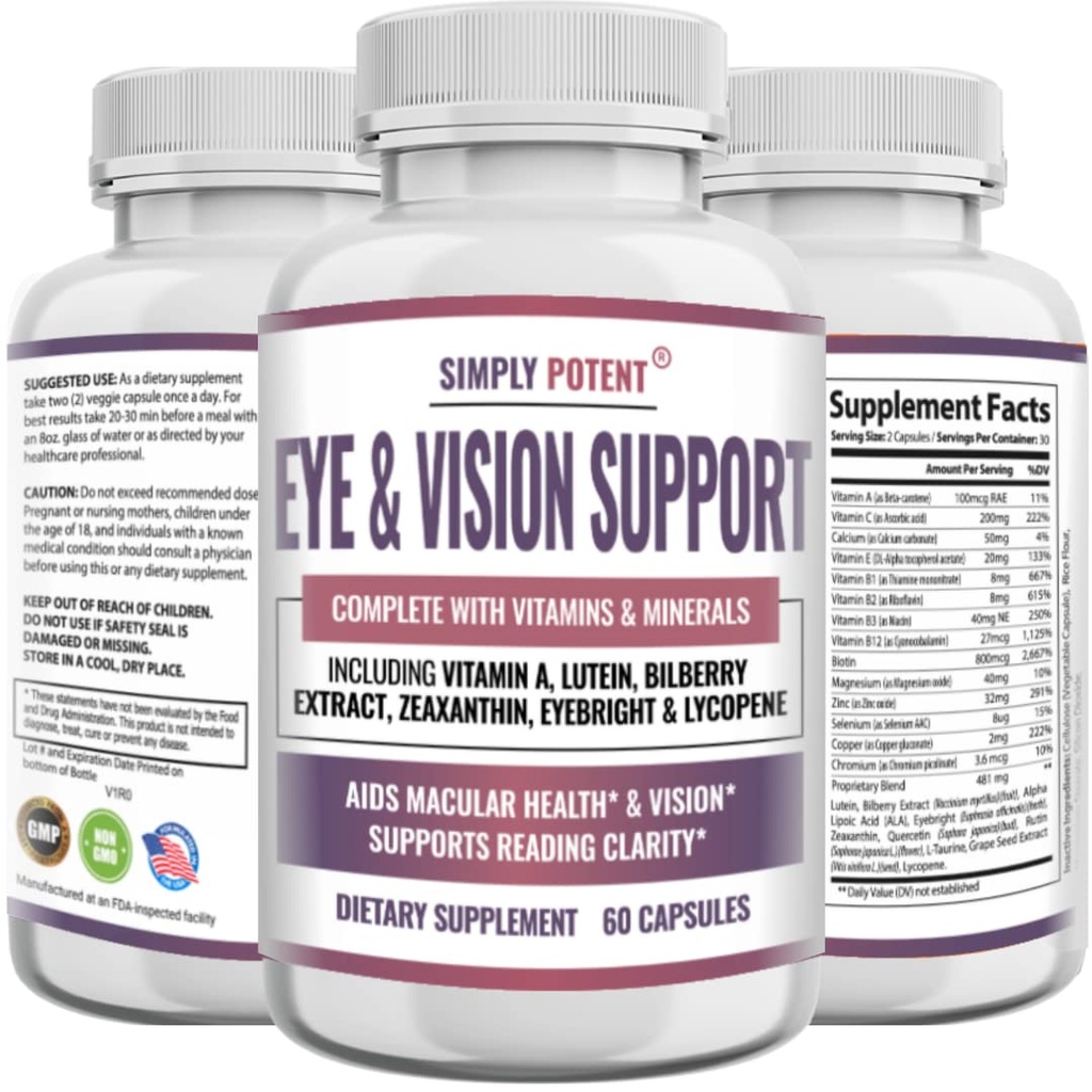 Lutéine & Zeaxanthin Suppléments pour la santé des yeux pour adultes, formule naturelle pour les yeux et la vision avec la vitamine A, la lutéine, la zéaxanthin, l'extrait de bilberry, la lycopène et les yeux pour la rétine et les verres 60 capsules