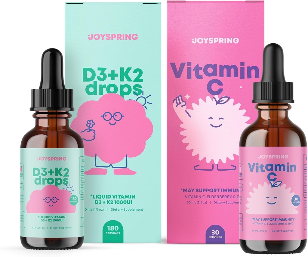 JoySpring Vitamin C + Elderberry Tropfen + Zink Ergänzungen für Kinder Immununterstützung und Vitamin D Tropfen für Immununterstützung & Herzgesundheit