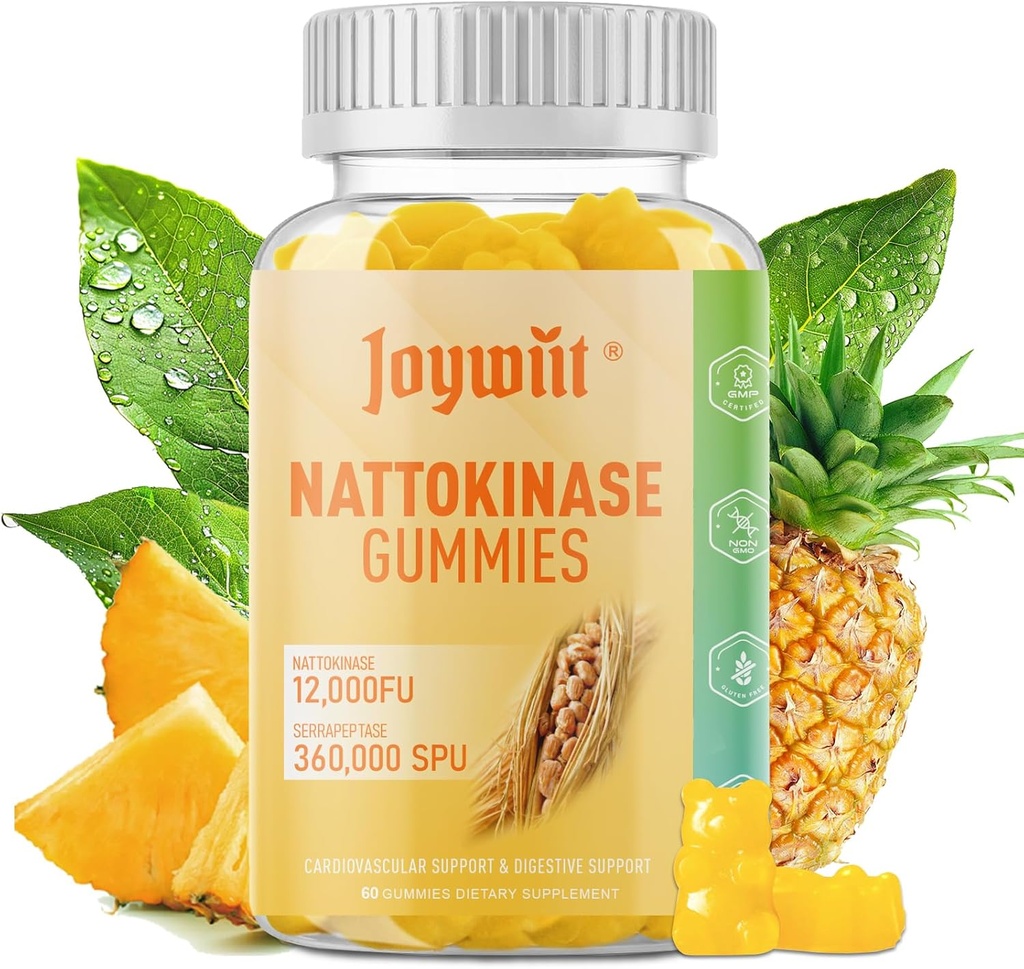 Nattokinase Gummies 12,000 FU, Serrapeptase Gummies 360.000 SPU Enzymergänzung mit Bromelain Papain & Inulin für Zirkulation, Gut, Verdauungsunterstützung, Vegan, Non GMO, 60 Zähler