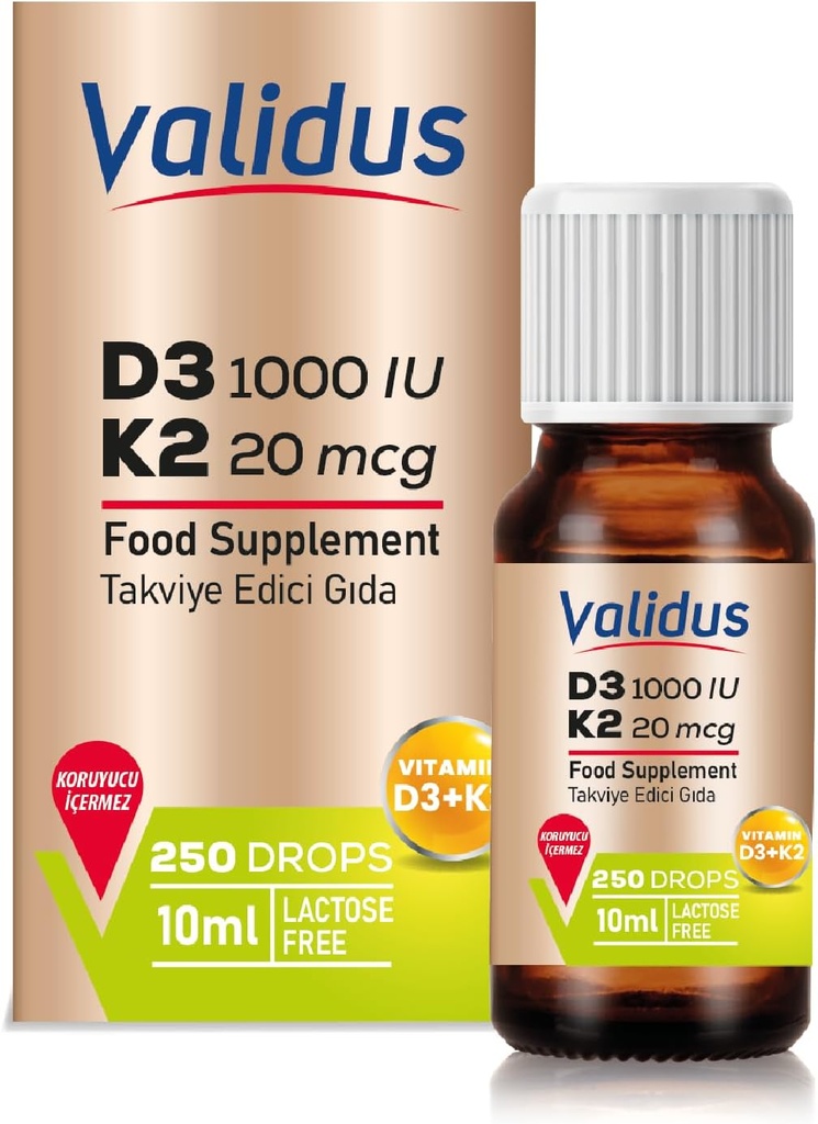 VALIDUS Vitamin D3K2 Tropfen – Hohe Potenz Vitamin D3 + K2 MK-7, 250 Flüssigkeitstropfen, Enhanced Absorption für Knochen & Herz Gesundheit, unterstützt Immunfunktion, Non-GMO, Glutenfrei, einfach zu bedienen, 10 ml