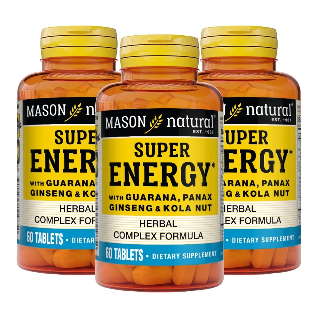 MASON NATURAL Super énergie, faite avec Guarana, Panax Ginseng & Kola Nut pour la performance optimale et l'énergie, 90 jours d'approvisionnement, 60 comprimés (paquet de 3)