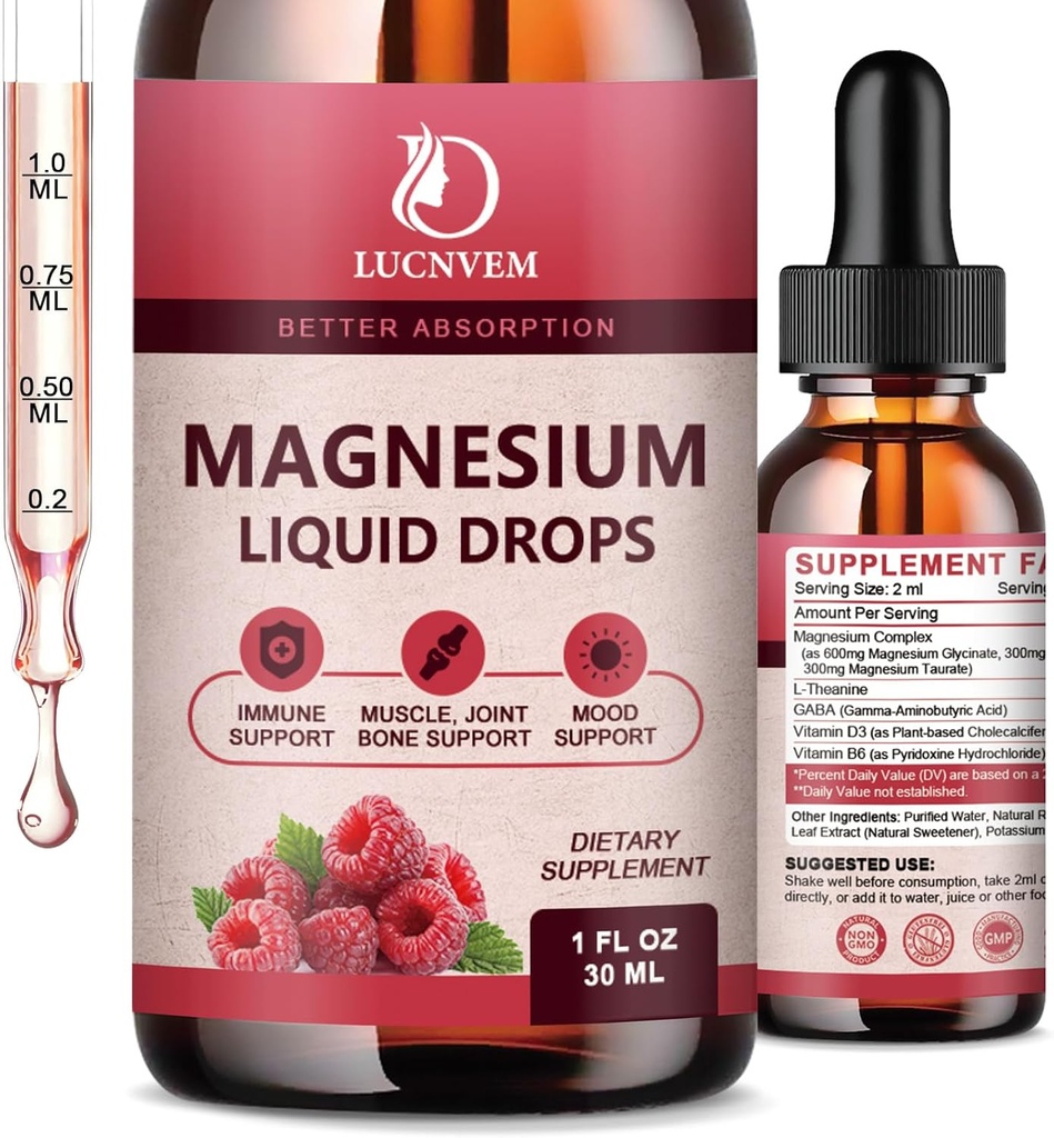 90% Absorption Glycinate de magnésium gouttes liquides avec Citrate et Taurate, Complexe de magnésium 1200mg avec GABA, L-théanine, D3 et B6 pour calme, sommeil, relaxation - Arôme framboise 1 Fl Oz (paquet de 2)