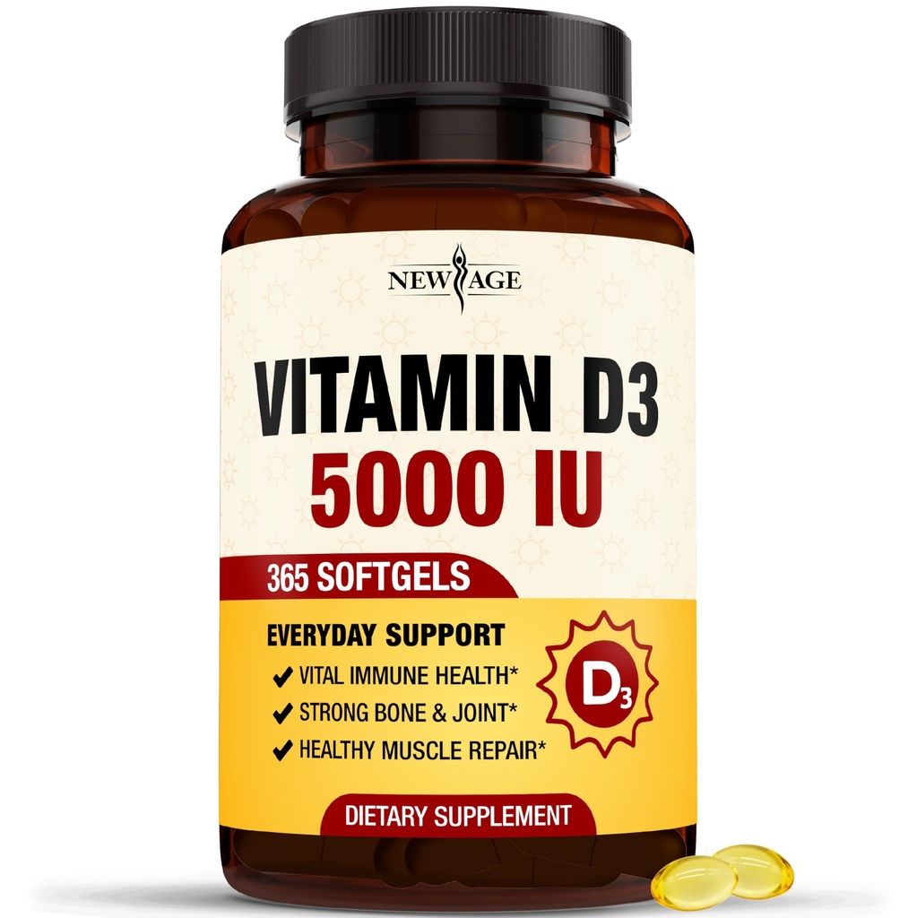 NEU AGE Vitamin D3 5000 IU 125mcg Softgels - Unterstützung Immununterstützung, Starke Knochengesundheit - Non-GMO, Glutenfrei, Dairy-Free, 1 Jahr Versorgung (360 Softgels (Pack von 1))