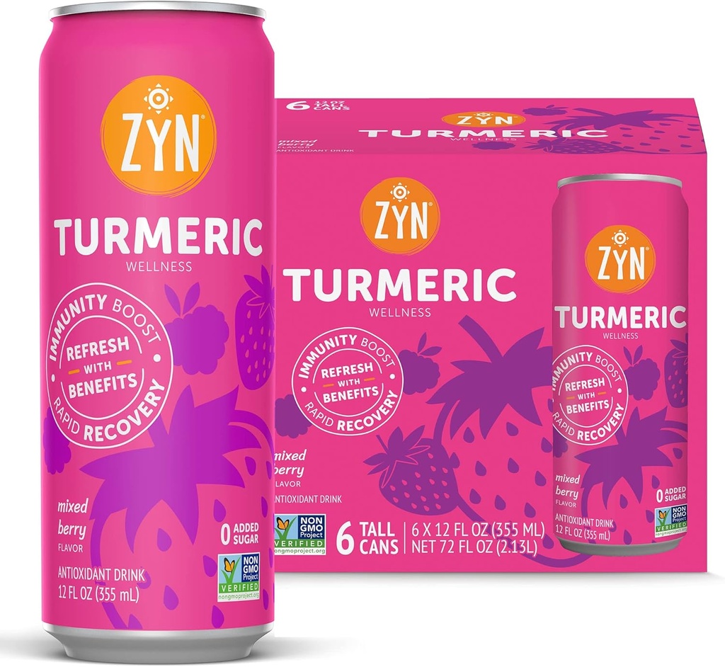 ZYN Kurkuma Wellness Getränk 6 (Pack), Gemischte Berry Flavored Kurkuma Getränk mit schwarzem Pfeffer, kein hinzugefügter Zucker, Low Carb & Low Calorie Getränk, Clean Alternative
