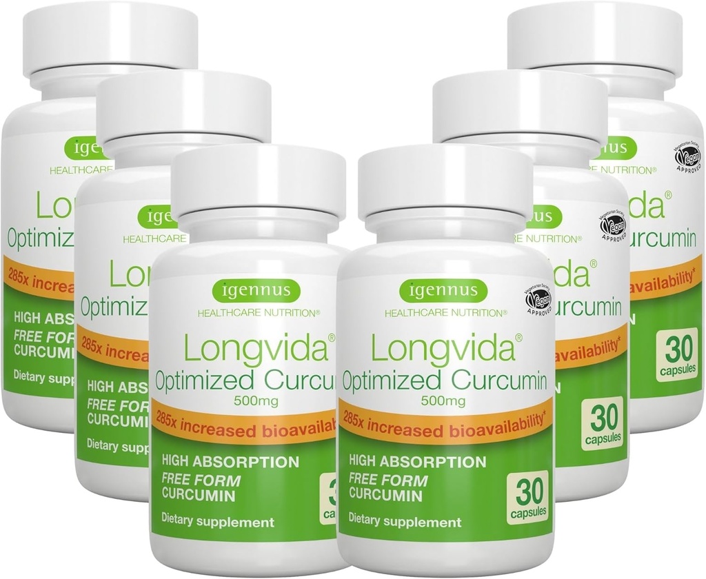 Igennus Longvida Lipidierte Curcumin 500mg, Ultra Bioverfügbar & Sustained Action, 65x Höhere Plasma Levels, Intensive Unterstützung, Free-Form Curcumin, Vegan, 180 Kapseln