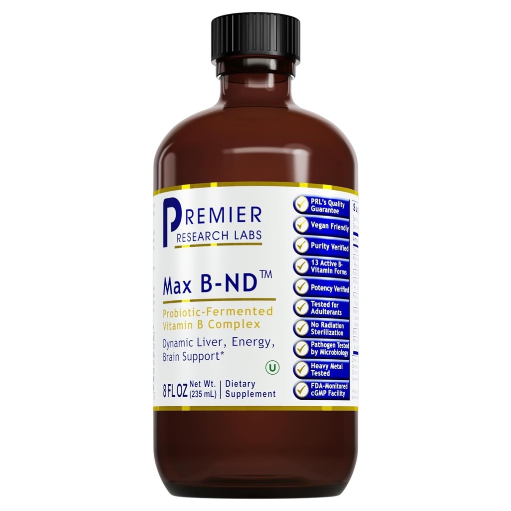 Premier laboratoire de recherche Max B-ND - Complexe de vitamine B liquide pour la santé du foie et du cerveau, gouttes sublinguales pour hommes et femmes avec Thiamin, B12 et B6-8 Fl Oz bouteille