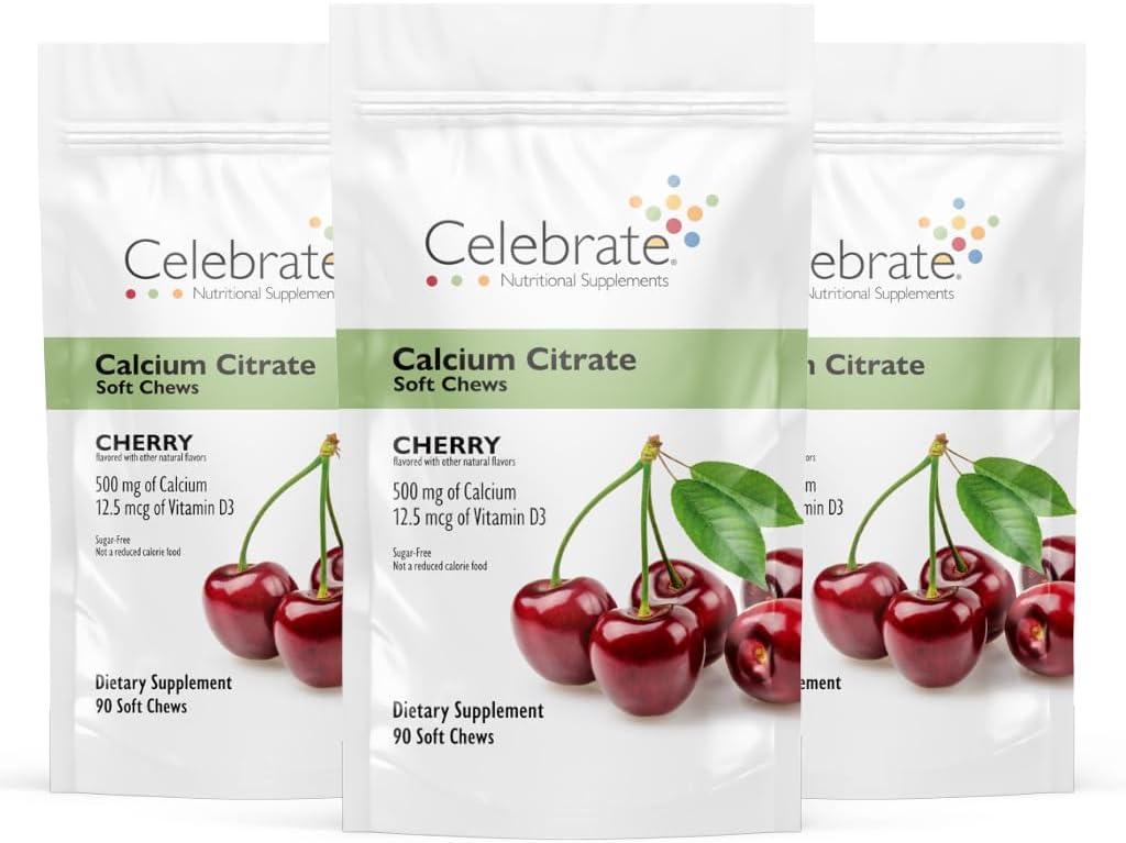 Celebrate Vitamine Bariatric 500mg Calcium Citrate Weichkäse mit 500 IU Vitamin D3 – essentiell für Magen-Bypass-Patienten & Knochengesundheit - Zucker & Glutenfrei, Kirsche (270 Kauen)