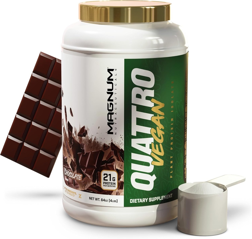 Magnum Nutraceuticals Quattro Vegan Protein Powder, Chocolate 2lb – Premium Pflanzenbasiertes Proteinpulver Isolate für Muskelwachstum & Erholung