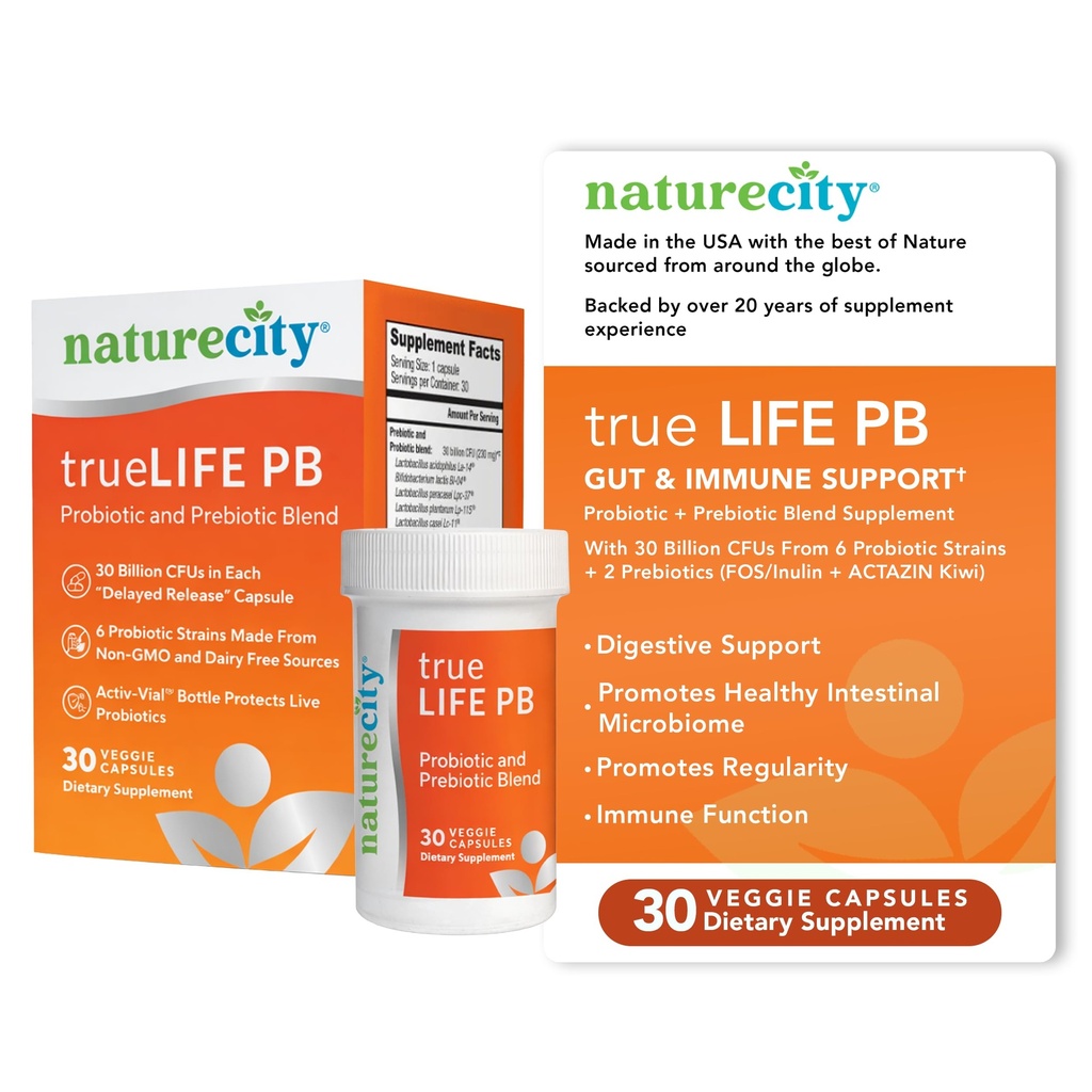 NatureCity True-Life-PB plateau mélange stable prébiotiques et probiotiques pour les femmes et les hommes - Suppléments de santé gustative pour les femmes et les hommes - Sans lait - (30 Capsules de légumes)
