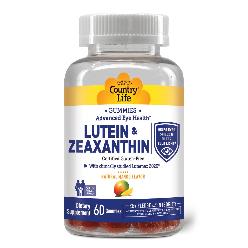 Country Life Lutein Gummies with Lutemax 2020, 60 Ct, Chewable Natural Eye Support Supplement, Marigold Lutein, Zeaxanthin, Eye Health & Macular Support, Non-GMO, Natural Fruit Pectin, Vegan
