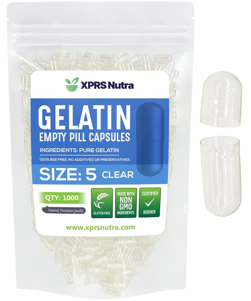 XPRS Nutra Größe 5 Leere Kapseln - 1000 Graf Sehr kleine klare leere Gelatine Kapseln - Pillen DIY Kapsel Füllung - Füllbare Pillen Gel Kapseln für Do-It-Yourself Vitamin Ergänzungen
